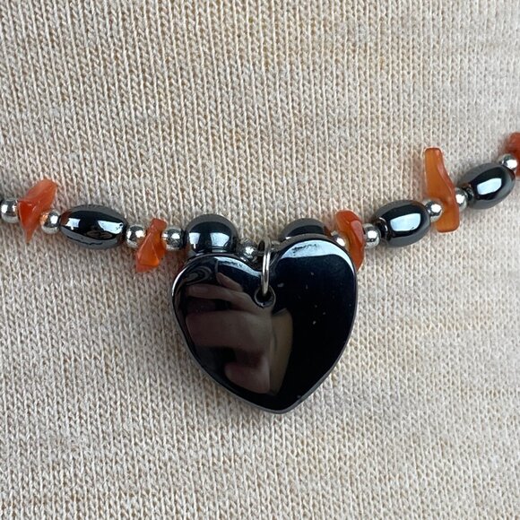 Hematite Heart Pendant & Bead Necklace Carnelian Crystal Chip Bead 15" - Picture 2 of 6